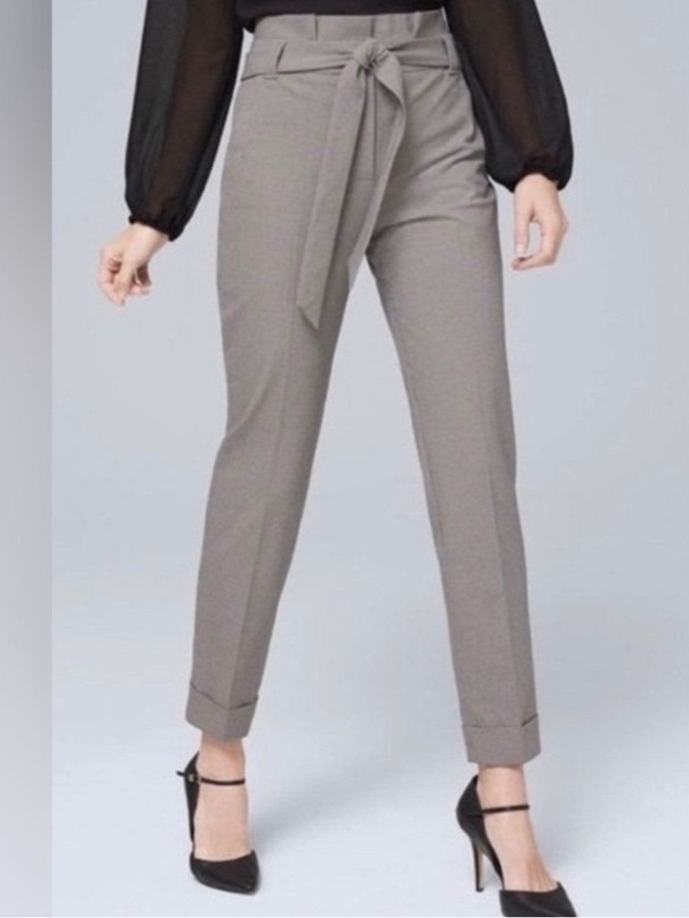 White House Black Market Light Beige Checked Paperbag Waist Trousers